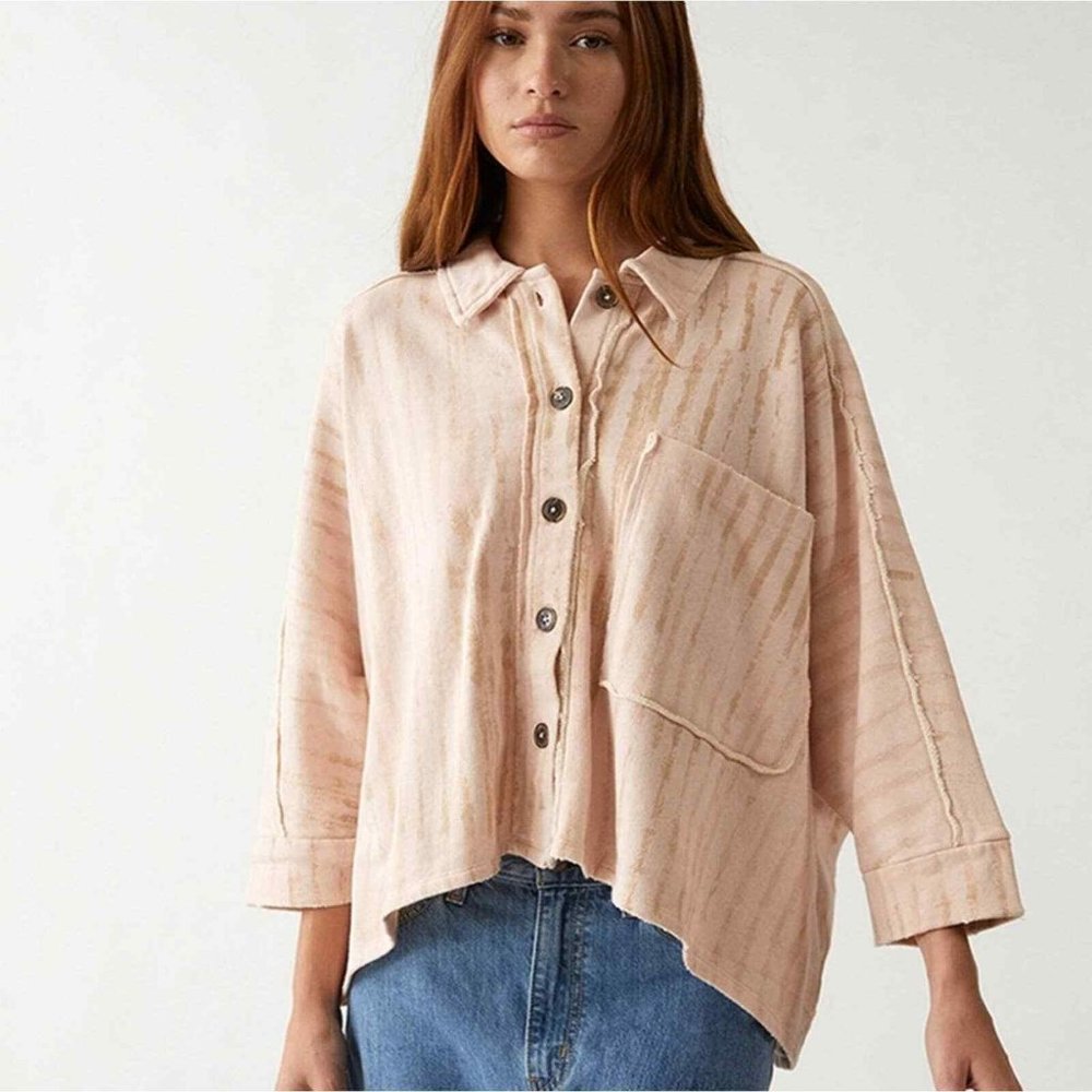 FREE PEOPLE Montauk Raw Edge Oversized Button Up Sweatshirt Shirt Jacket Shacket